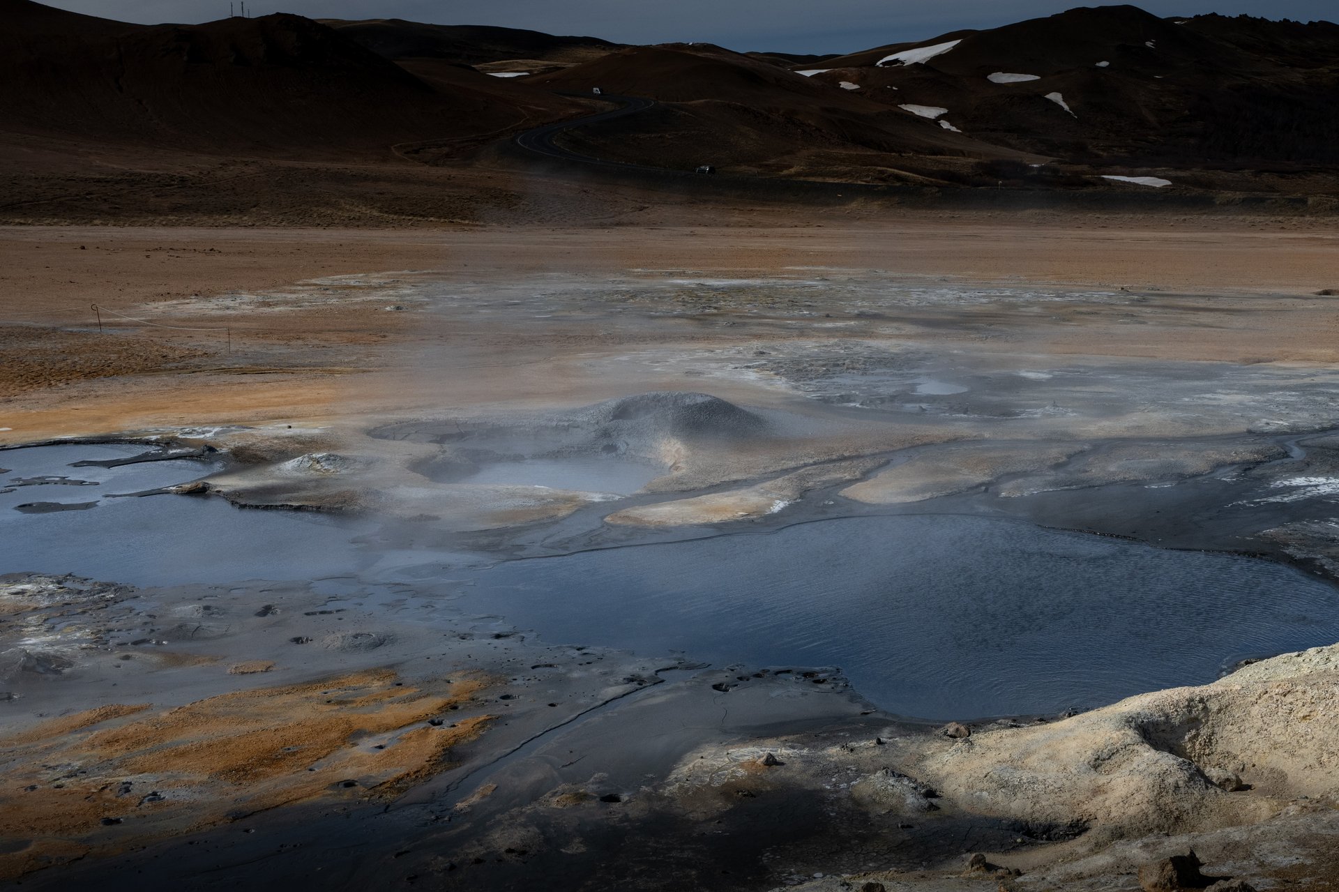 Mývatn volcanic landscape and lake in north Iceland in late May