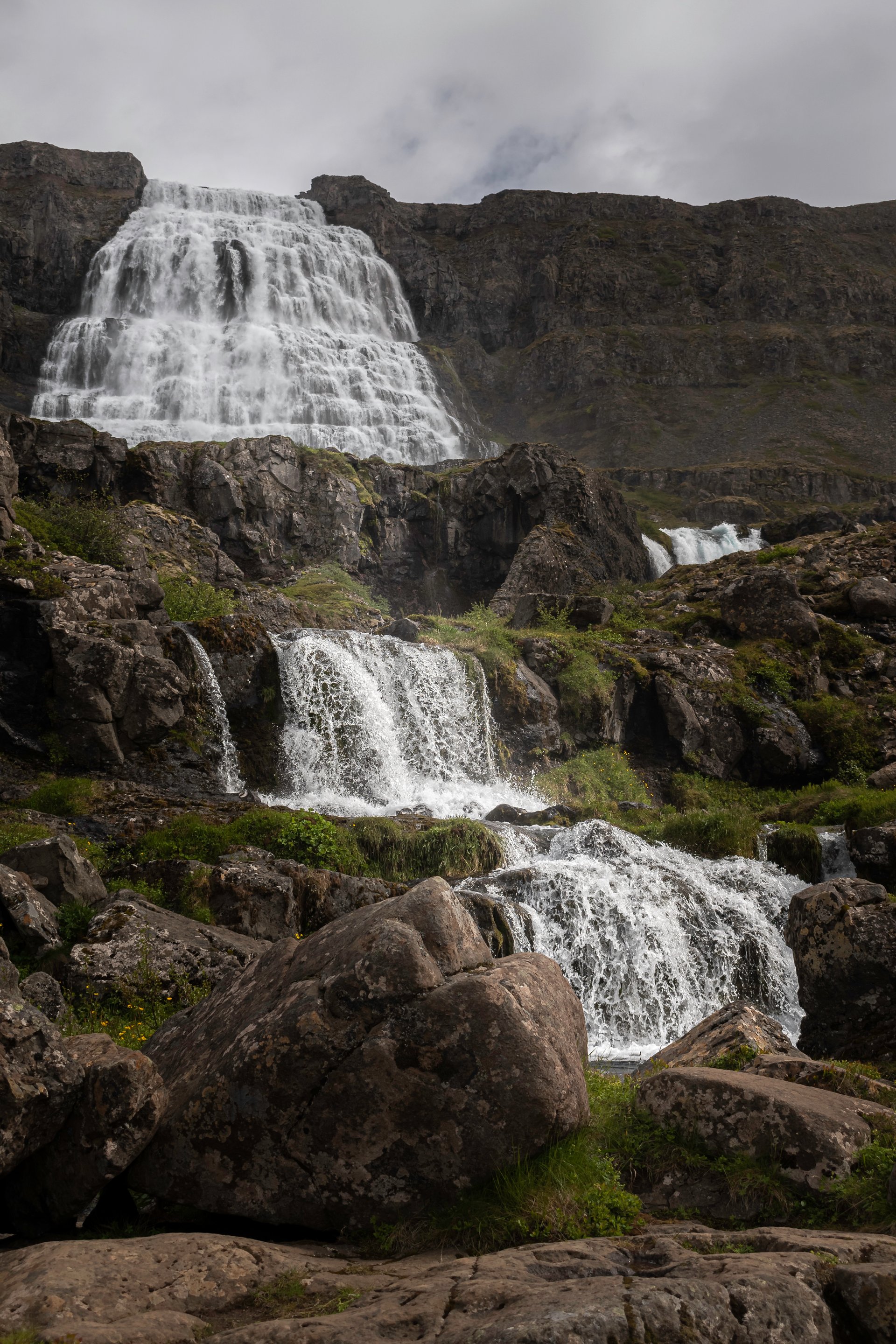 Dynjandi waterfall cascading in a trapezoidal bridal veil shape