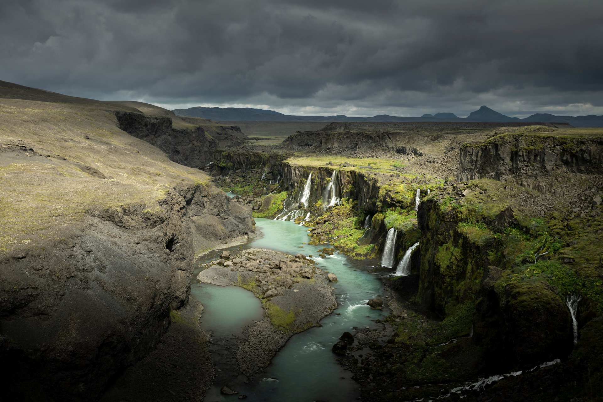 Sigöldugljúfur Valley of Tears with dozens of waterfalls on canyon walls