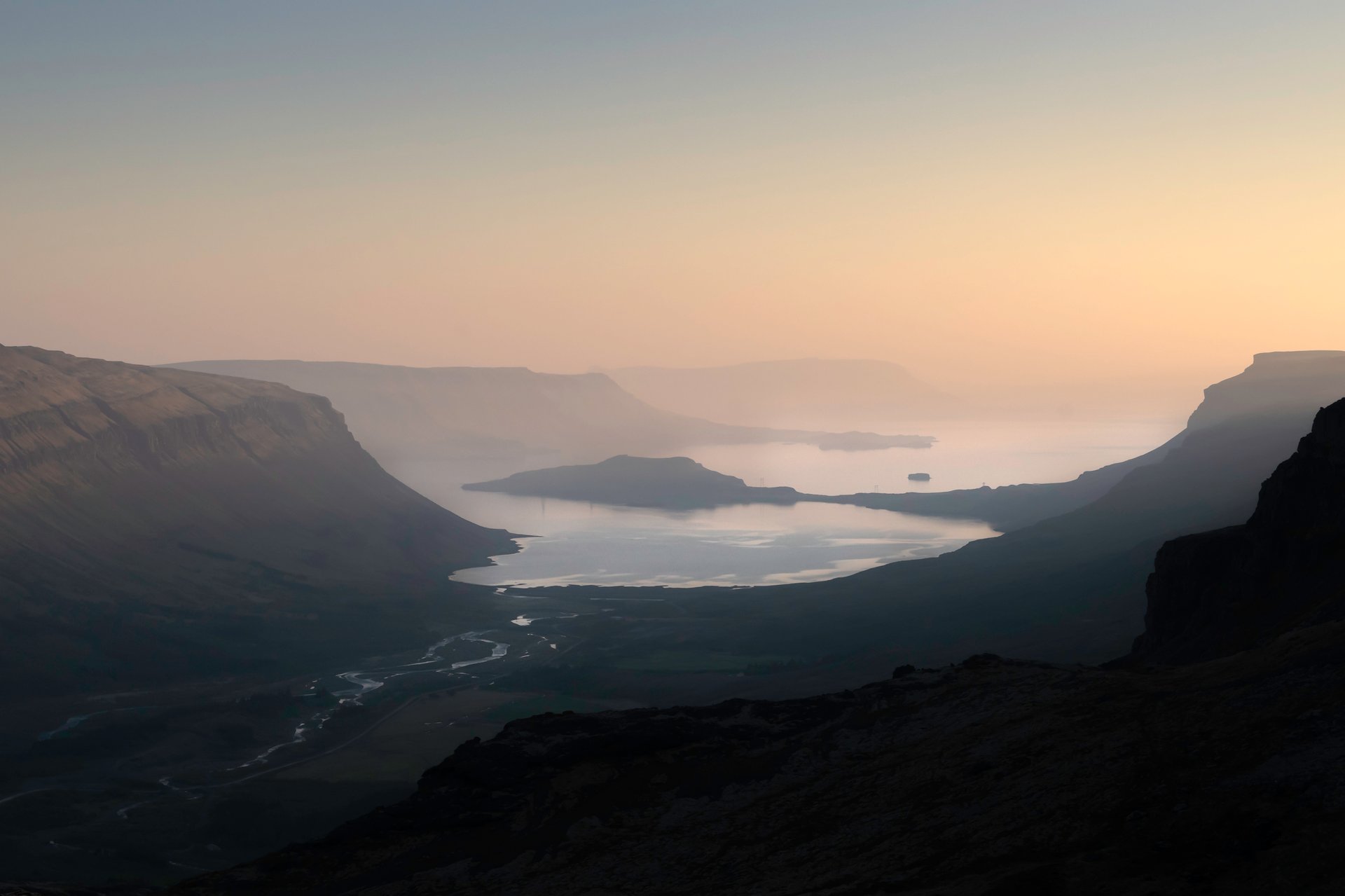 View from the top of the Glymur loop trail overlooking the waterfall and Hvalfjörður fjord