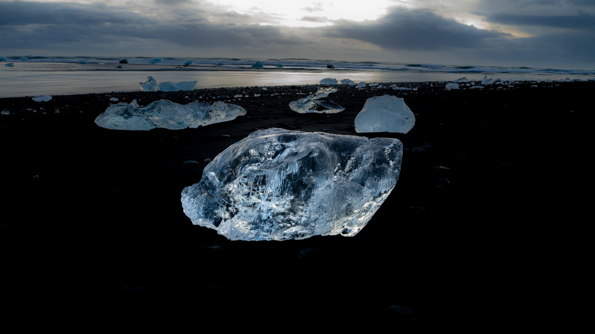 Diamond Beach with glistening ice chunks on black volcanic sand