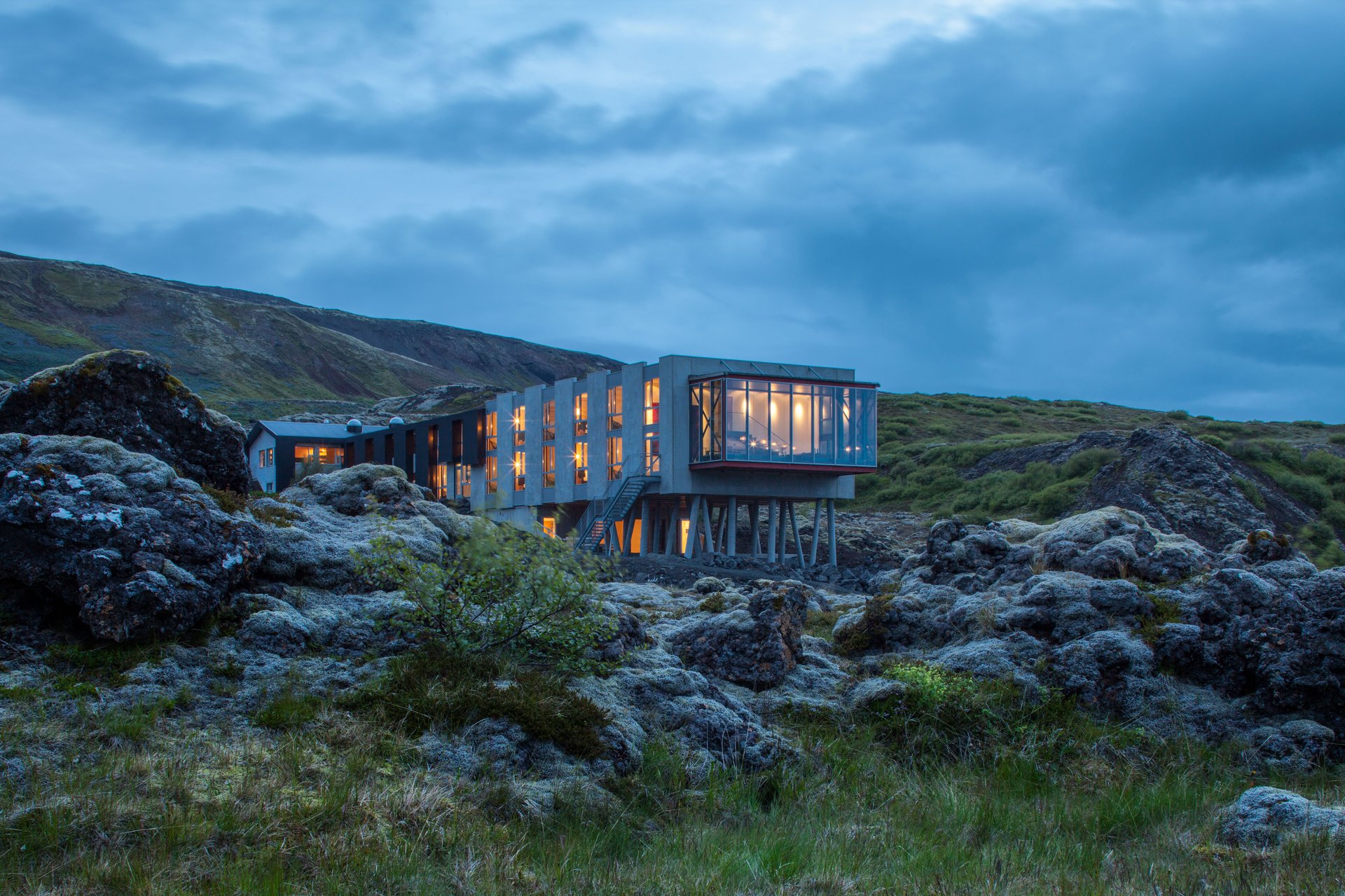 ION Adventure Hotel exterior perched over the lava field at sunset