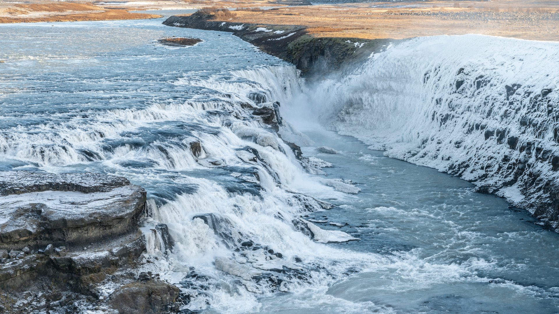 Gullfoss waterfall in winter with ice and snow