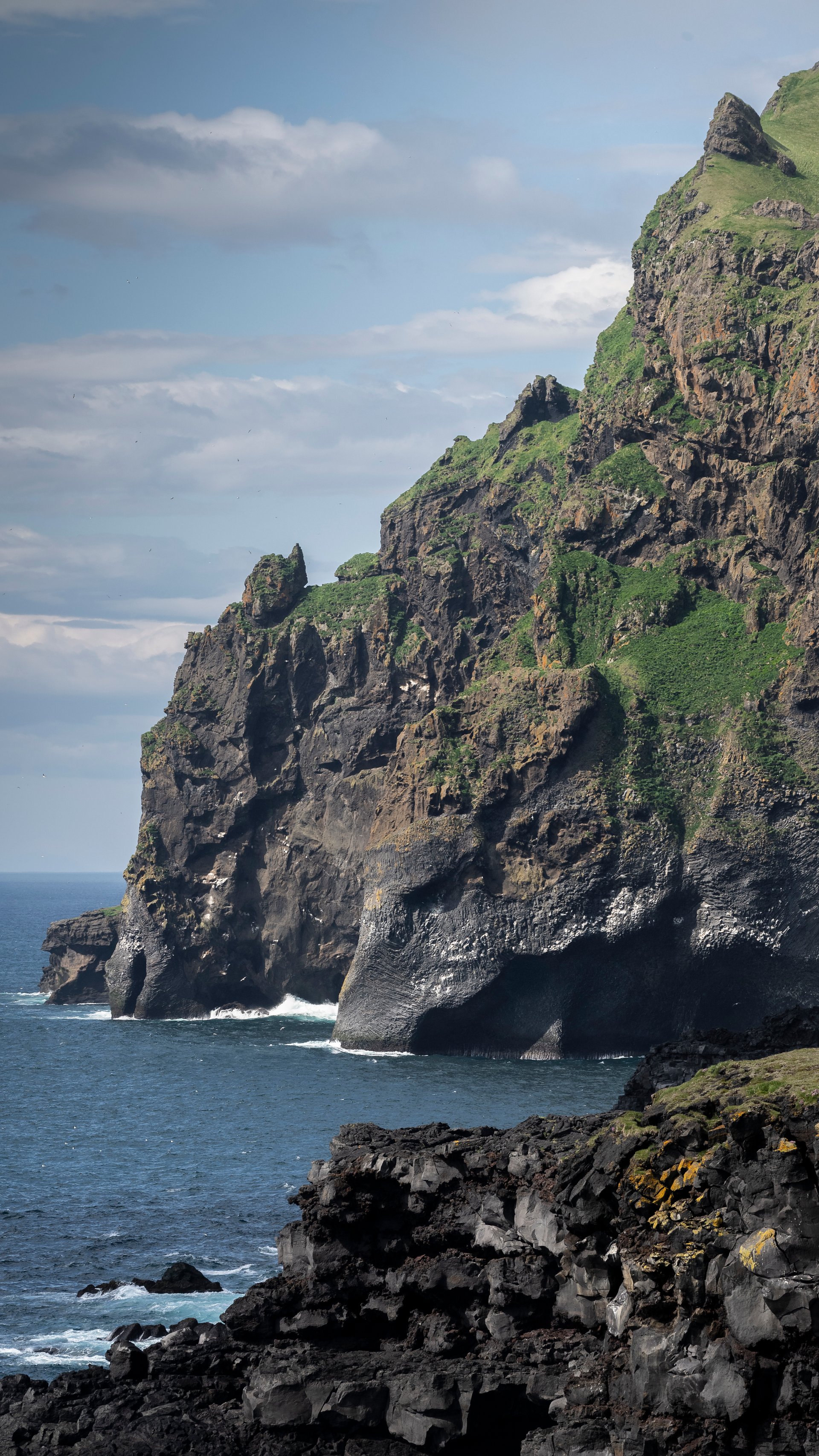 Elephant Rock basalt cliff with its trunk in the Atlantic, Westman Islands Iceland