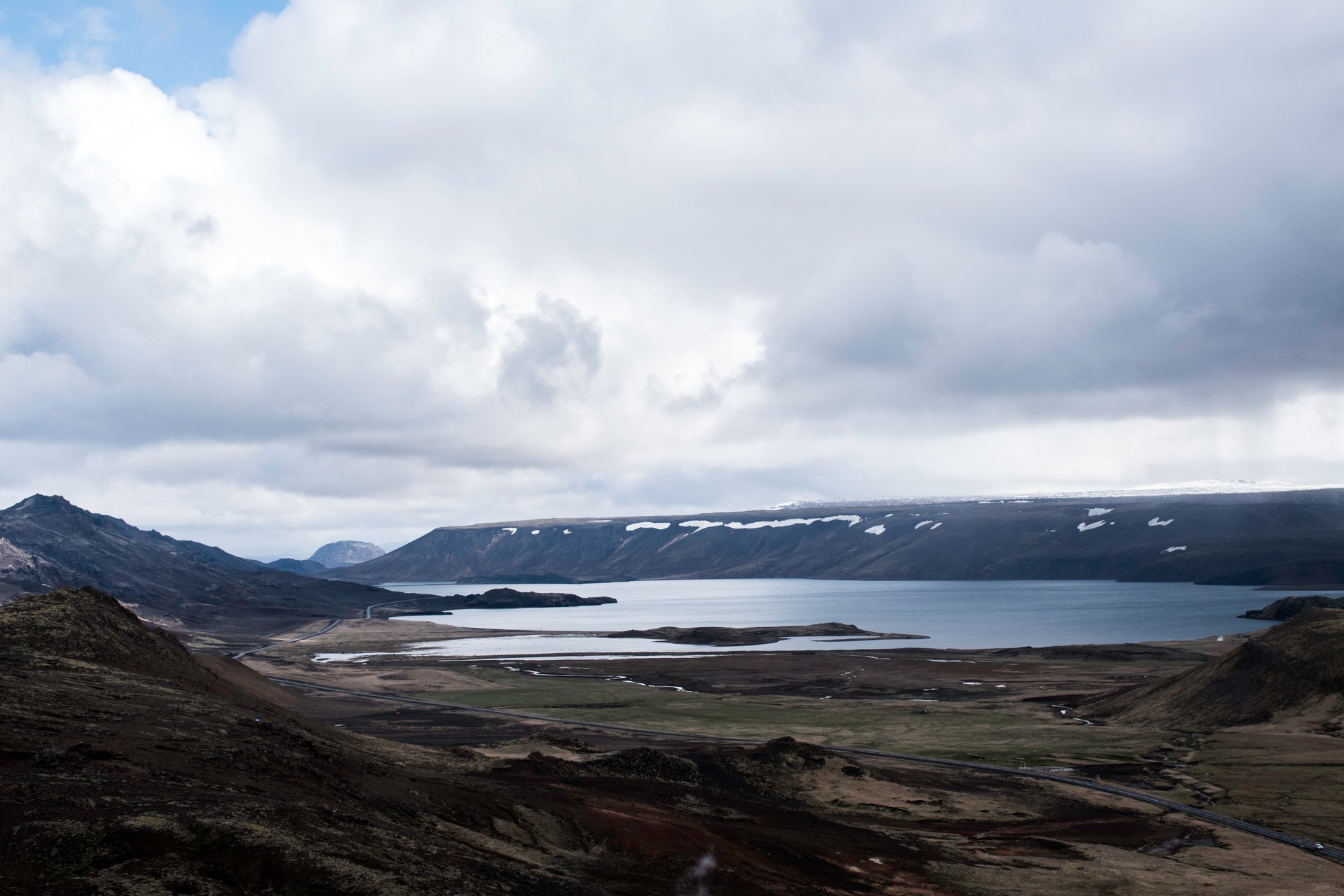 Kleifarvatn shoreline with volcanic mountains Iceland