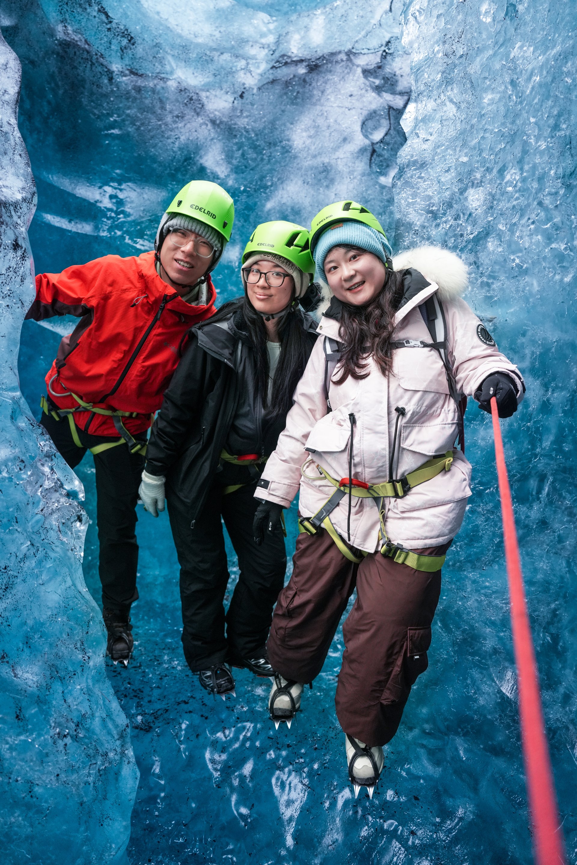 Exploring crystal ice cave formations at Vatnajökull Glacier
