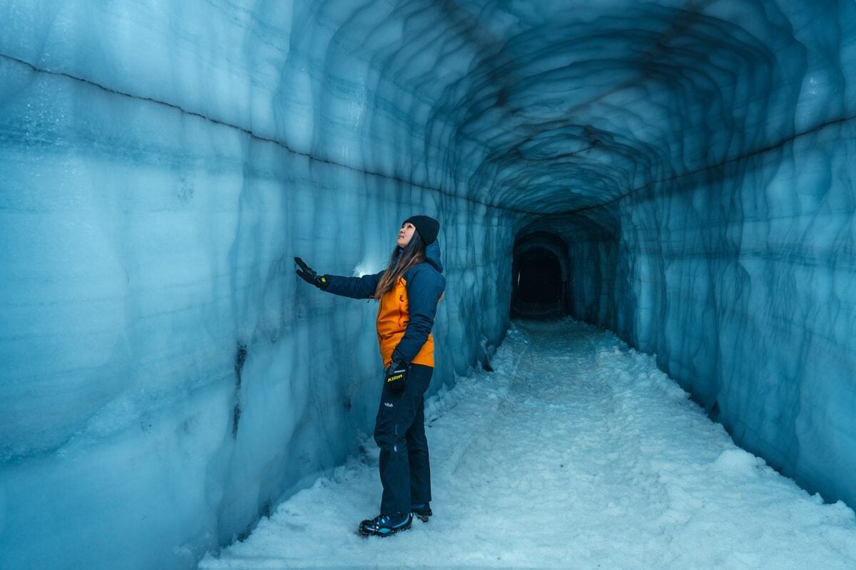 Super truck approaching Langjökull glacier tunnel entrance