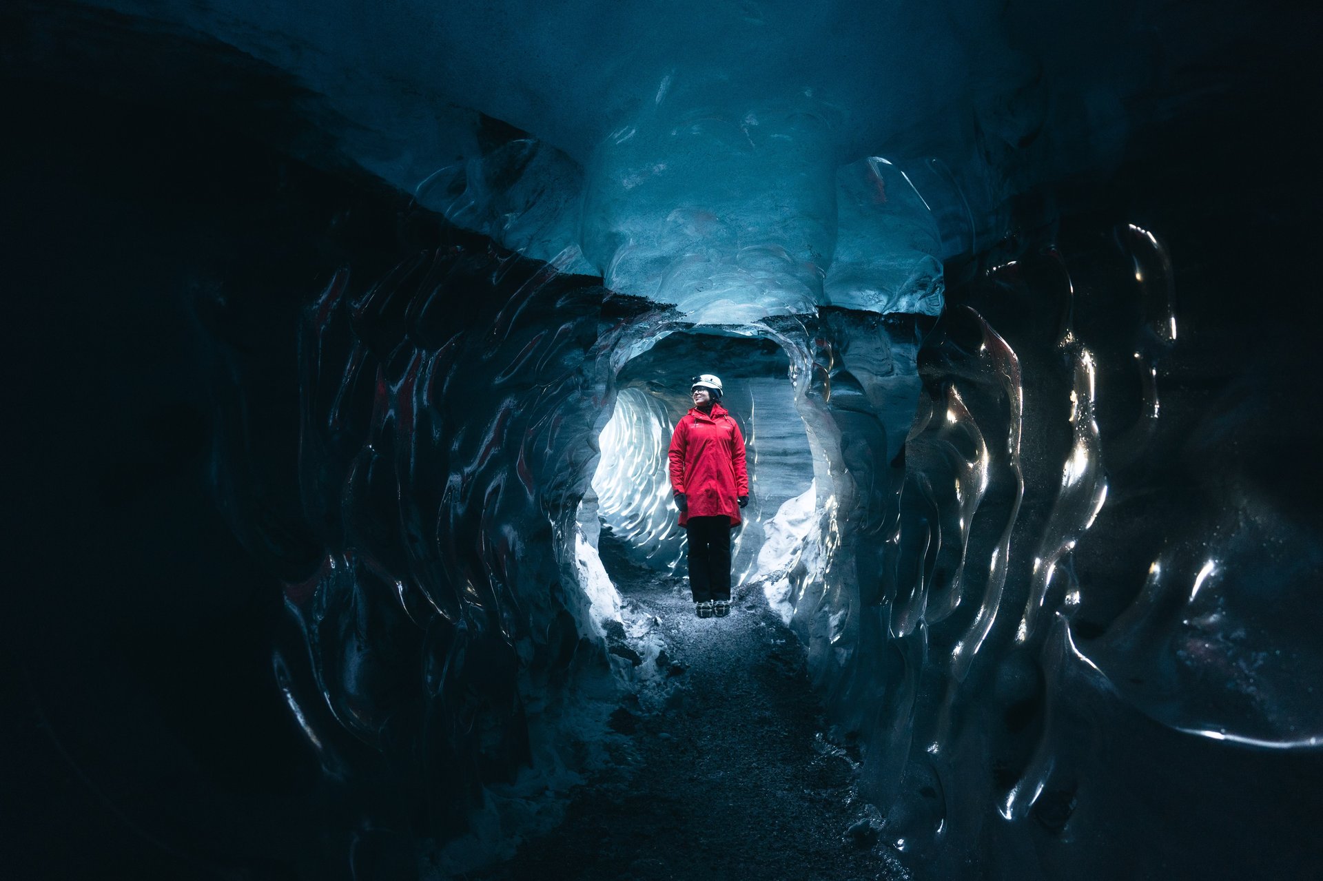 Striped ice formations inside Katla volcanic ice cave