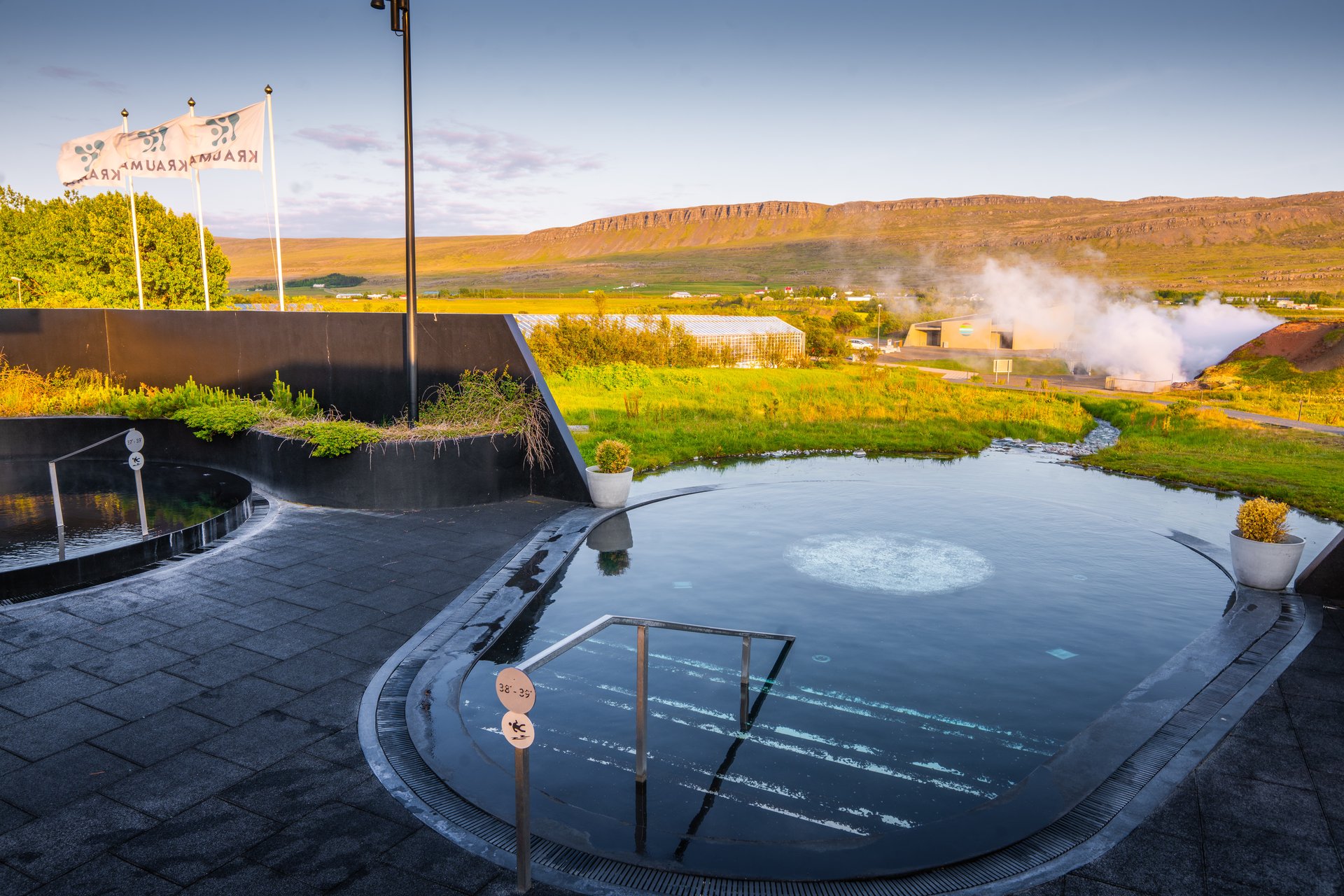 Modern wellness facilities integrated with natural landscape at Krauma