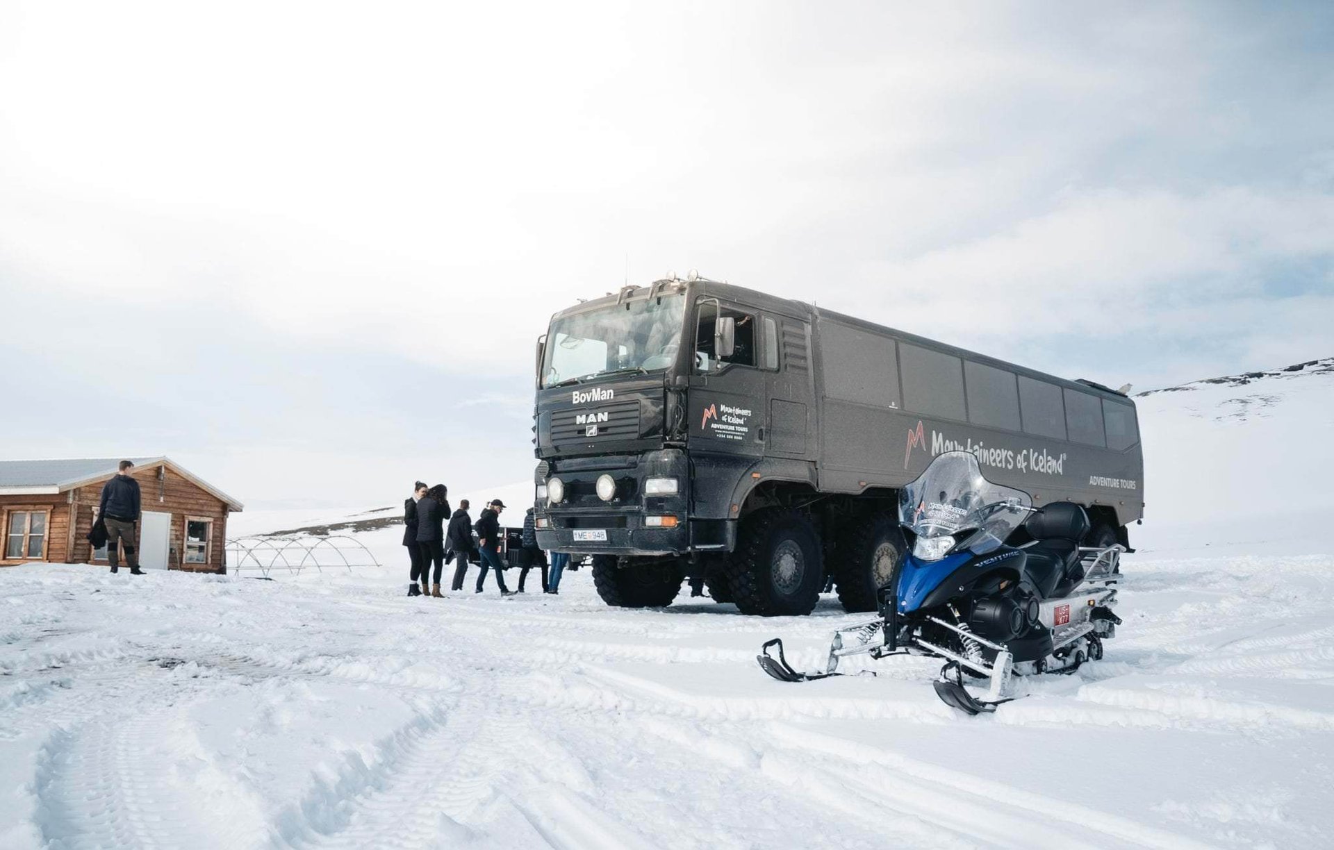 Super truck transporting snowmobilers to Langjökull glacier