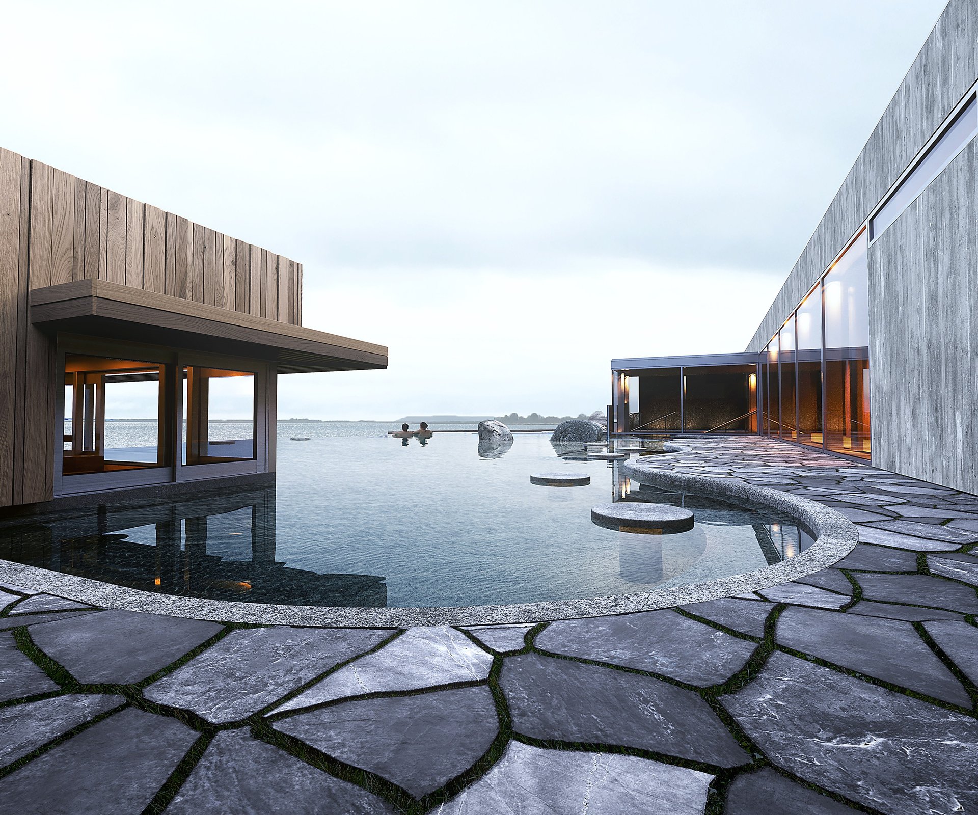 Geothermal pools overlooking Lake Laugarvatn with mountains at Fontana Spa