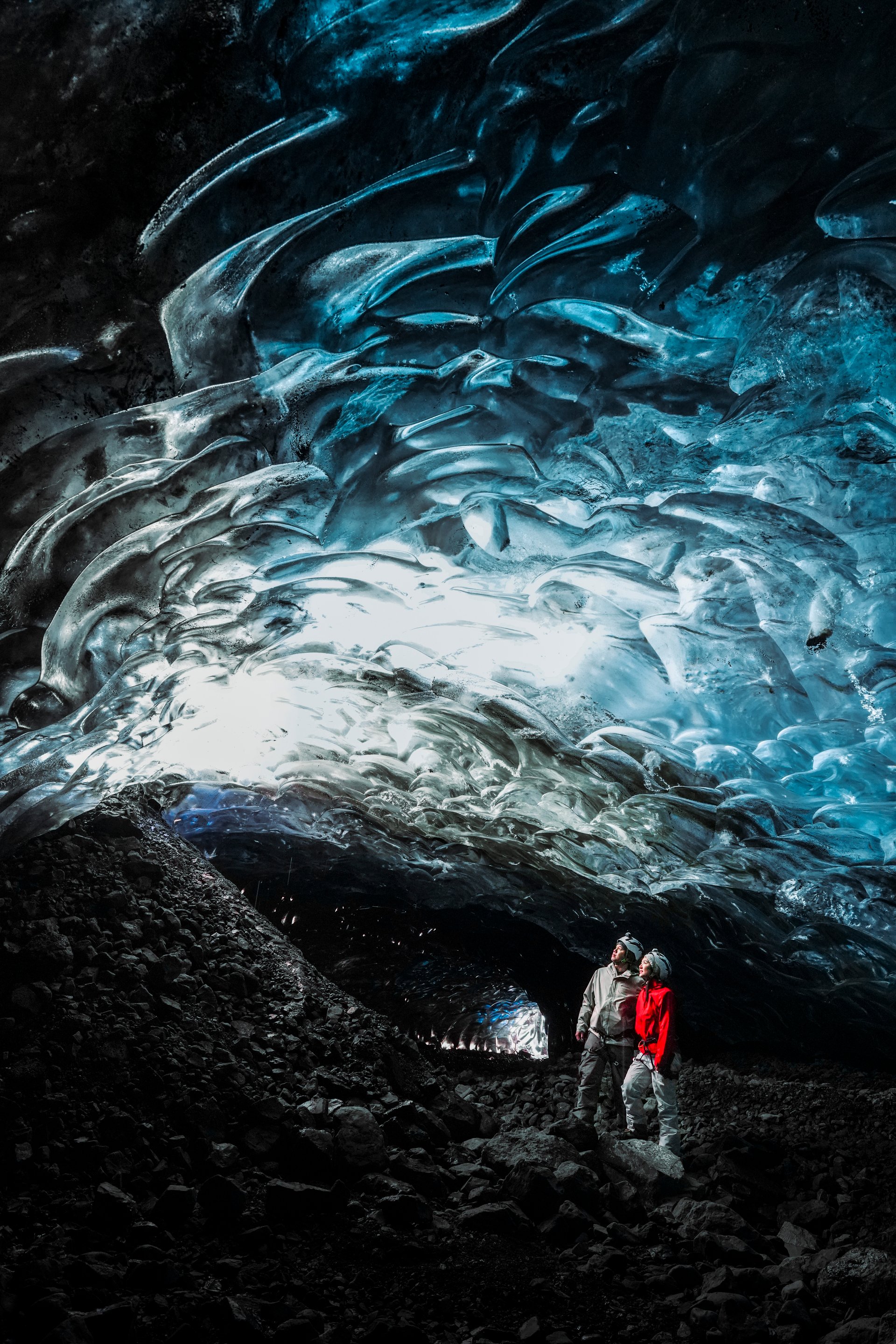 Professional ice cave photography with sunrise light in Vatnajökull Glacier