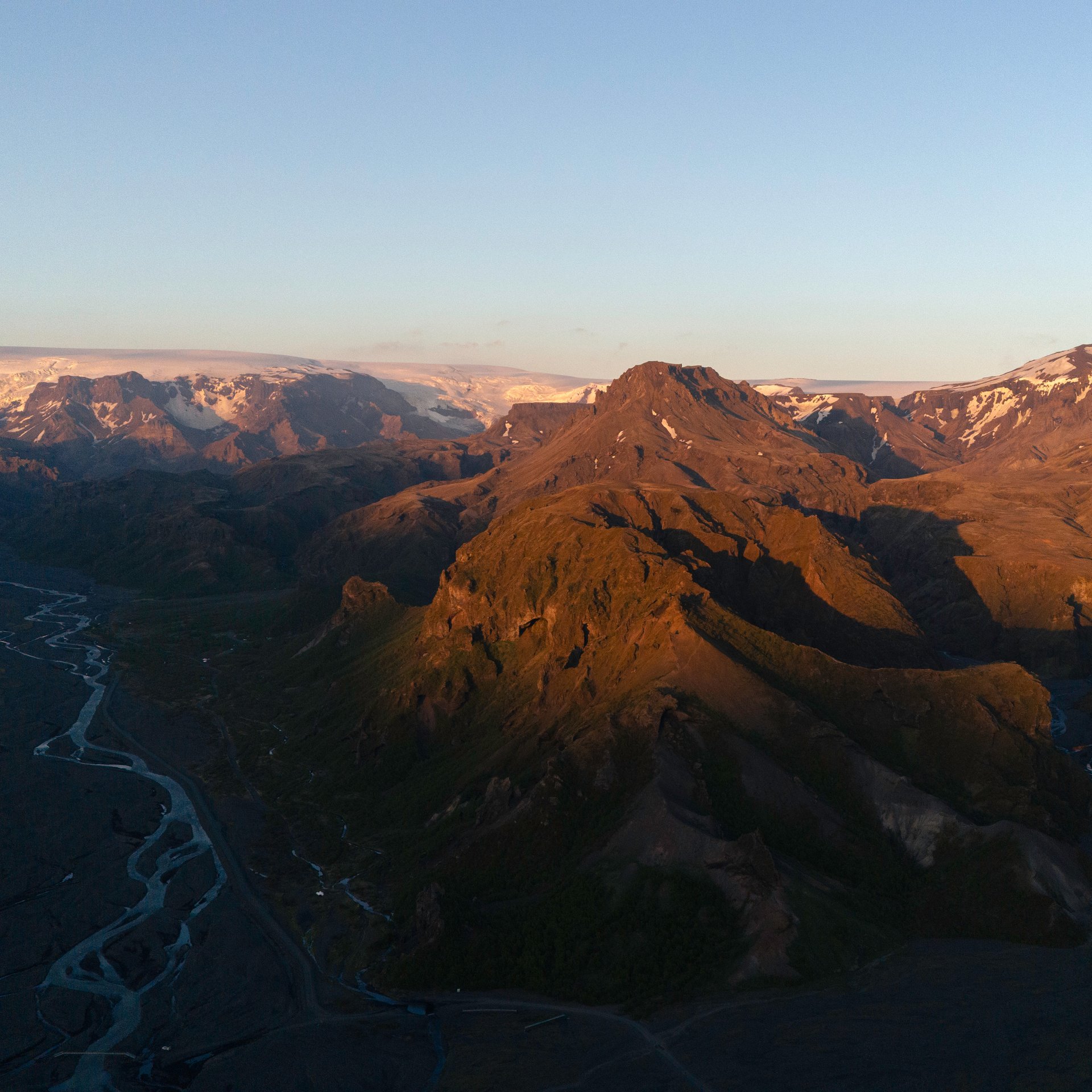 Ancient volcanic peaks and geological formations in Thor's Valley