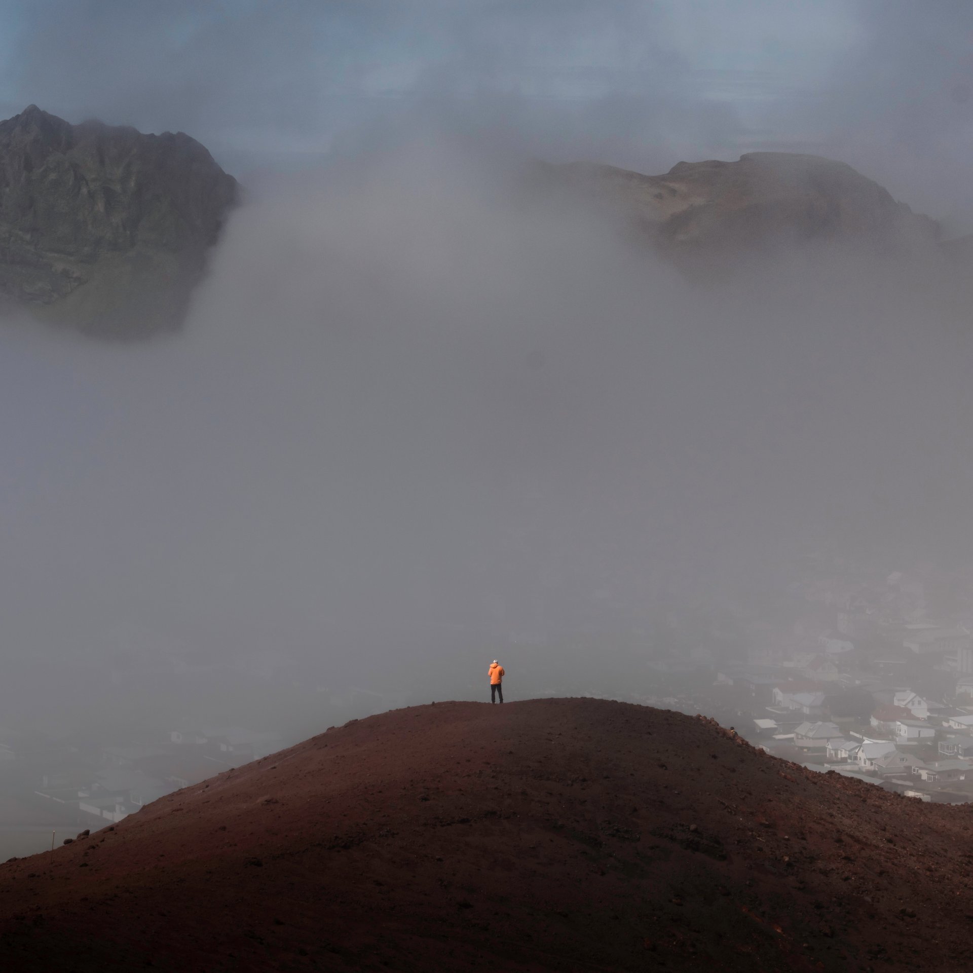 Eldfell volcano crater with hiking trail and panoramic island views