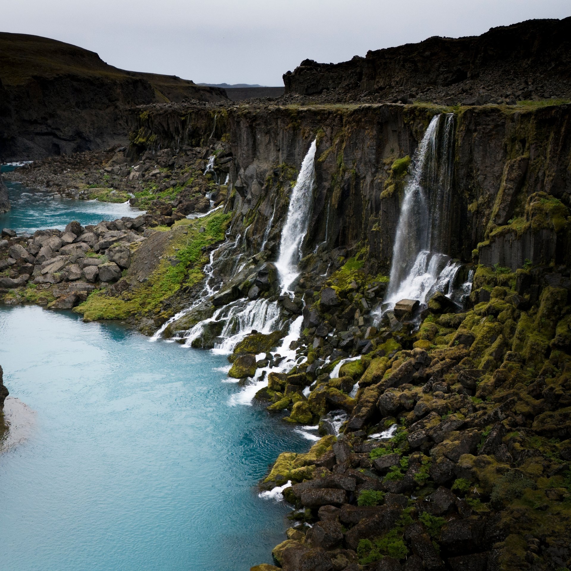 Spectacular Sigöldugljúfur Valley of Tears with countless waterfalls cascading down canyon walls