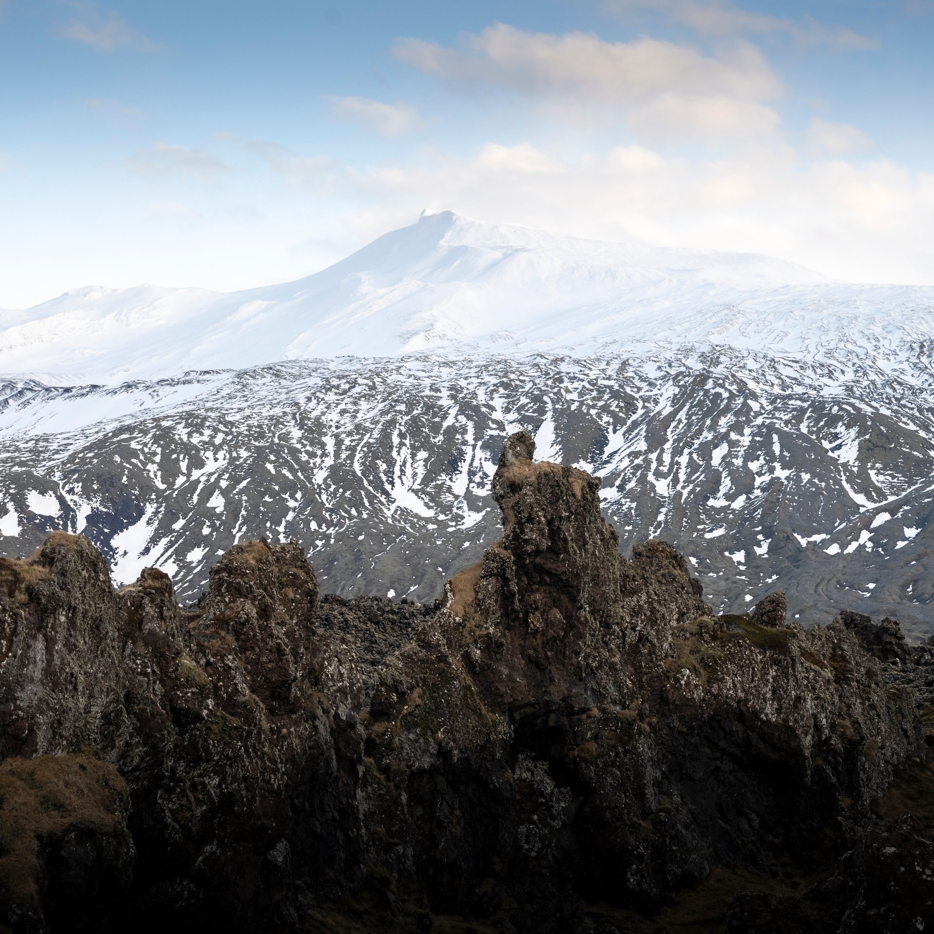 Snæfellsjökull glacier-capped volcano towering over dramatic peninsula landscape