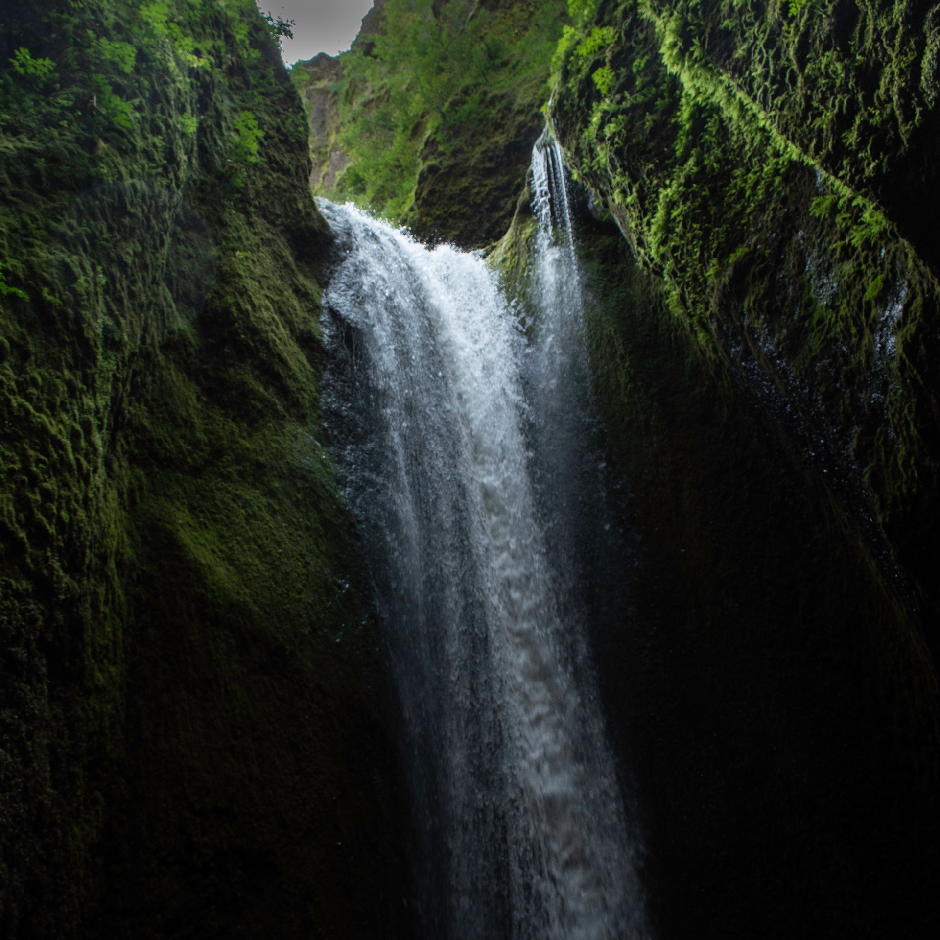 Narrow Nauthúsagíl canyon with moss-covered walls and hikers using chains for safe passage