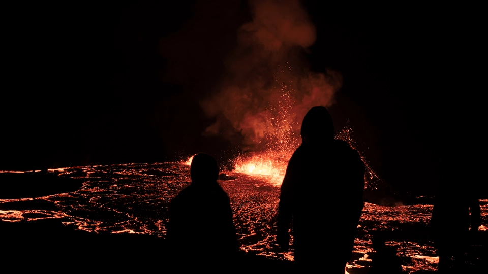 Erupting volcano with molten lava in Iceland